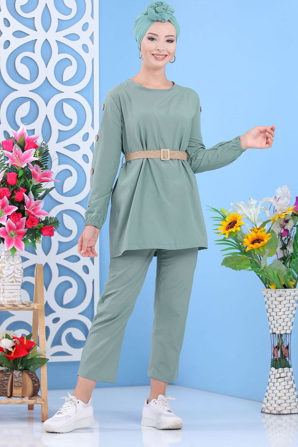 Tunik Pantolon Kemer Siyah Yeşil - 7642