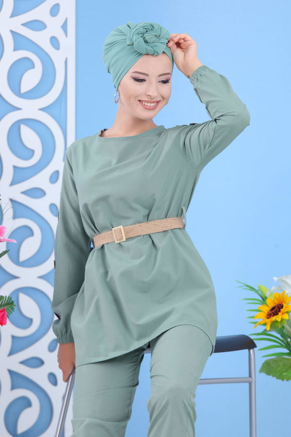 Tunik Pantolon Kemer Siyah Yeşil - 7642