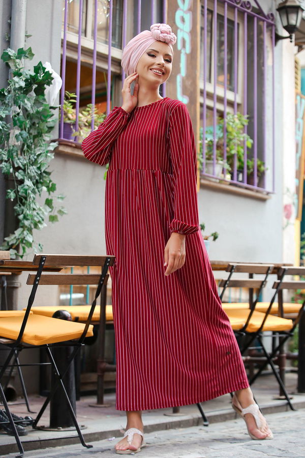 Çizgili Elbise Siyah 02 6889 Bordo - 6889