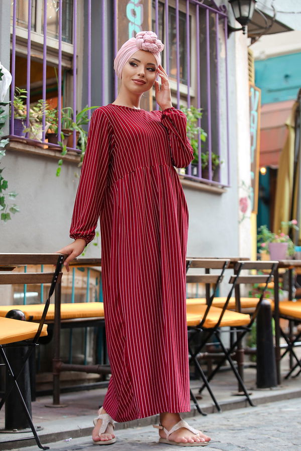 Çizgili Elbise Siyah 02 6889 Bordo - 6889