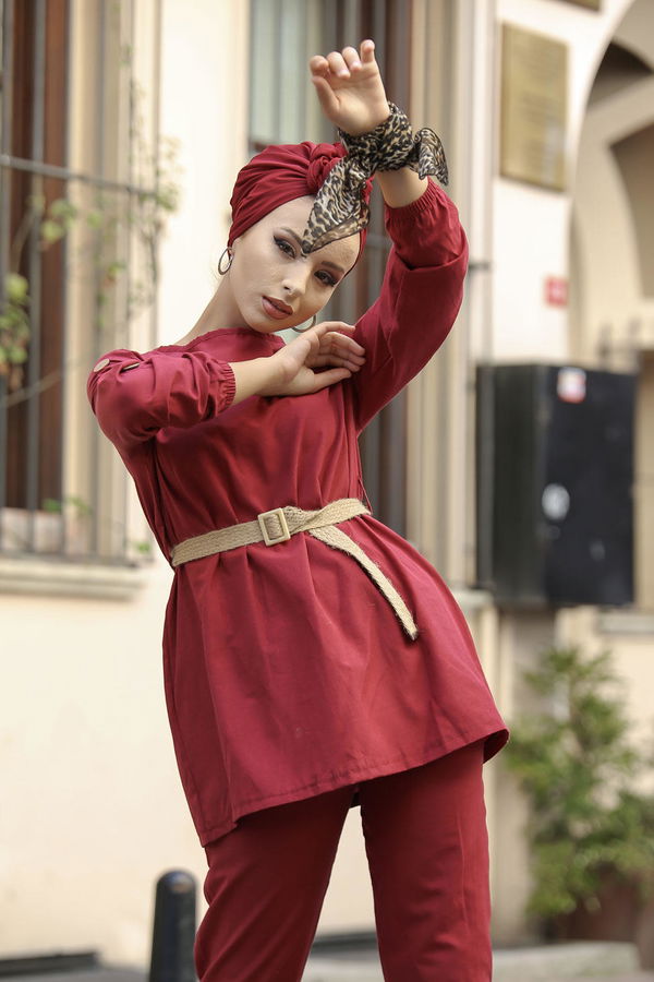 Tunik Pantolon Kemer Siyah Bordo - 7642