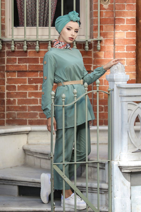 Tunik Pantolon Kemer Siyah Yeşil - 7642