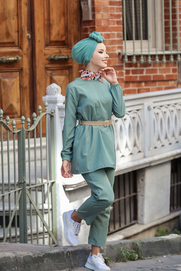 Tunik Pantolon Kemer Siyah Yeşil - 7642