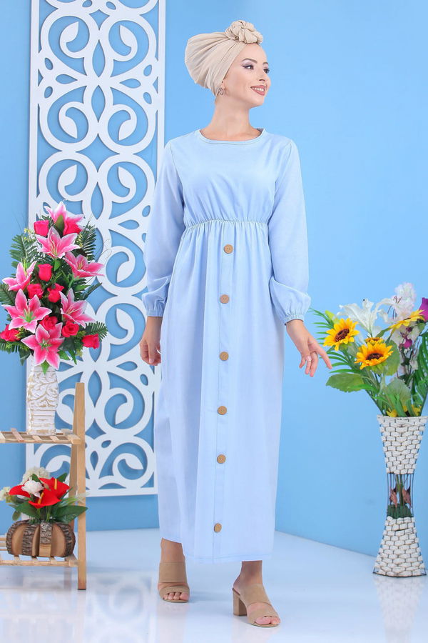 Dügme Detay Elbise Bebe Mavi - 02 7160 Mavi - 7160 MAVİ
