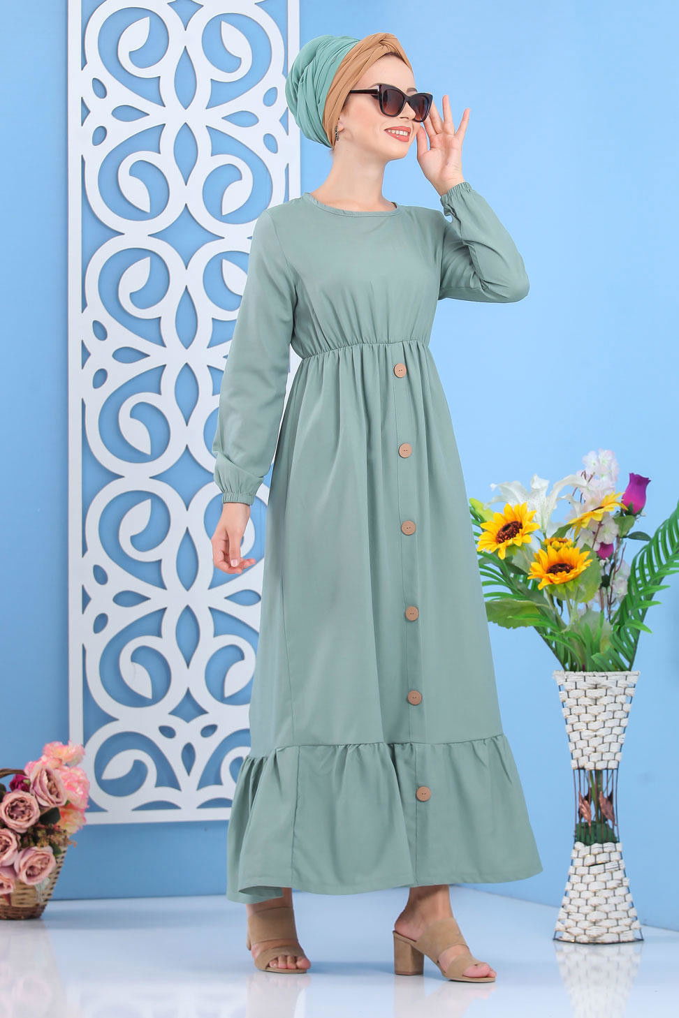 Elbise Siyah  Yeşil - 7645 YEŞİL