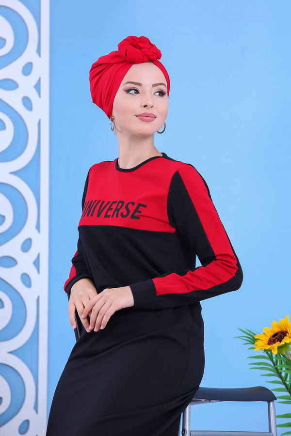 Penye Elbise Haki Bordo - 1142