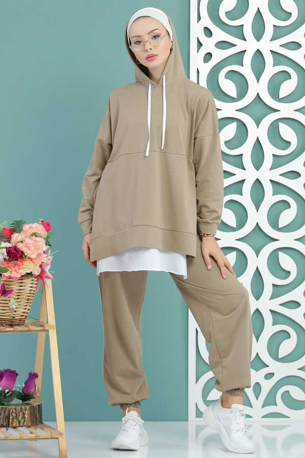 Kapşonlu Tunik Panolon Siyah  Vizon - 7650 VİZON