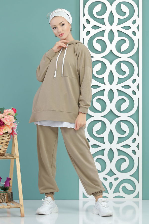 Kapşonlu Tunik Panolon Siyah  Vizon - 7650 VİZON