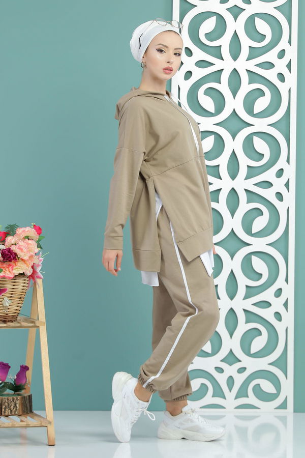 Kapşonlu Tunik Panolon Siyah  Vizon - 7650 VİZON