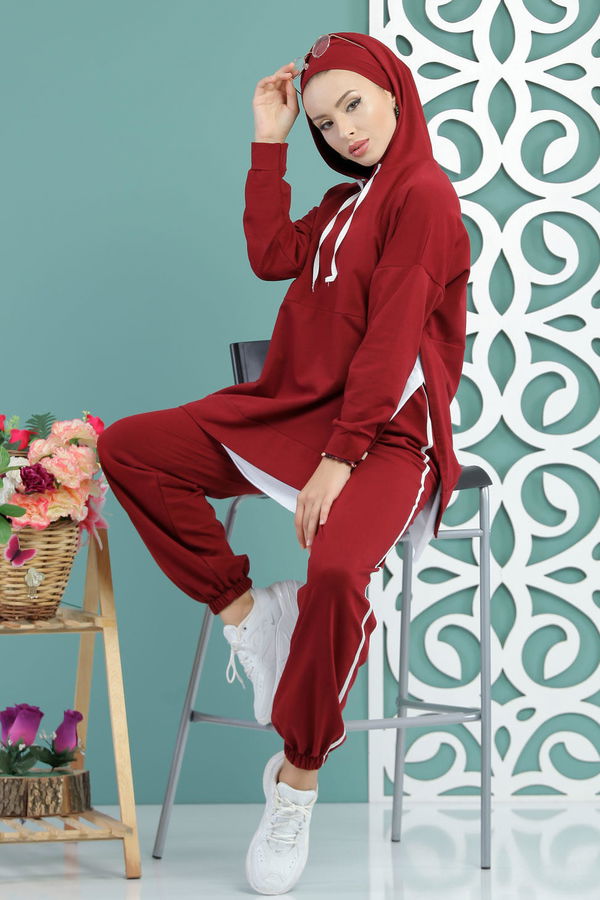 Kapşonlu Tunik Panolon Siyah  Bordo - 7650