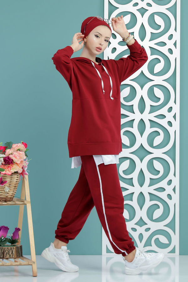 Kapşonlu Tunik Panolon Siyah  Bordo - 7650