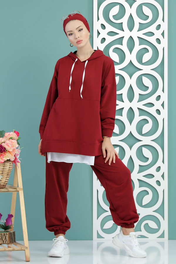 Kapşonlu Tunik Panolon Siyah  Bordo - 7650