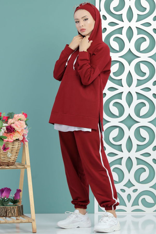 Kapşonlu Tunik Panolon Siyah  Bordo - 7650
