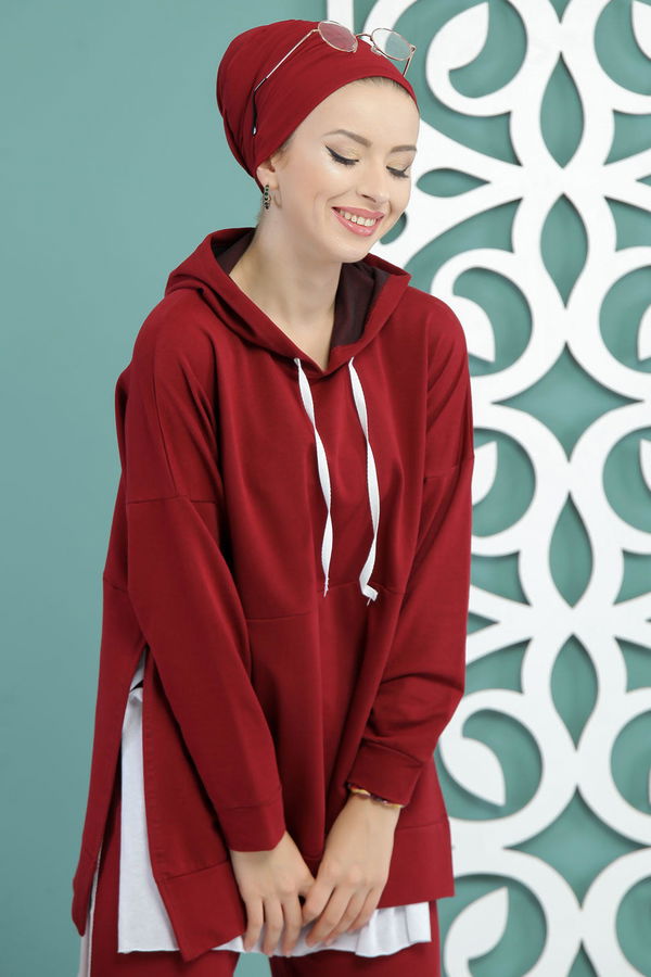 Kapşonlu Tunik Panolon Siyah  Bordo - 7650