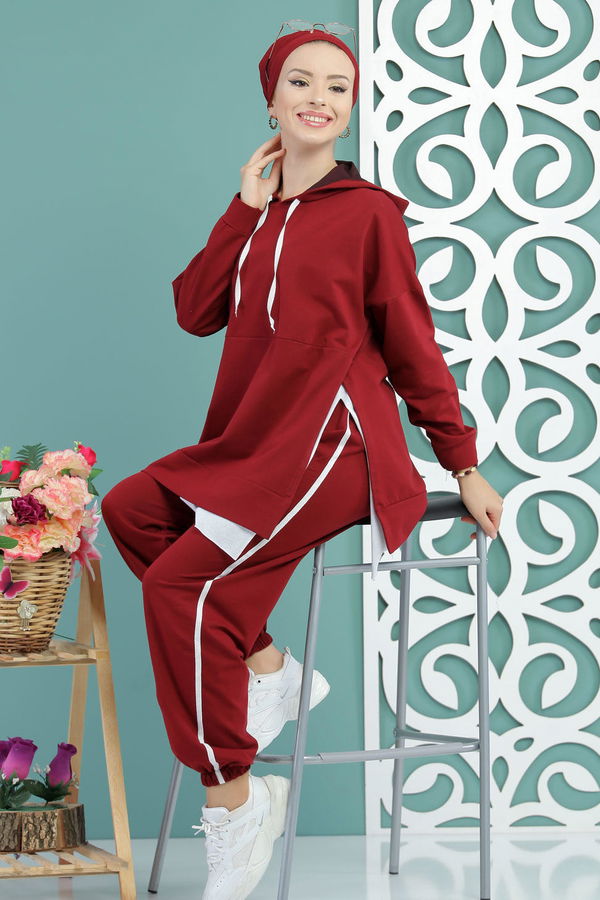Kapşonlu Tunik Panolon Siyah  Bordo - 7650