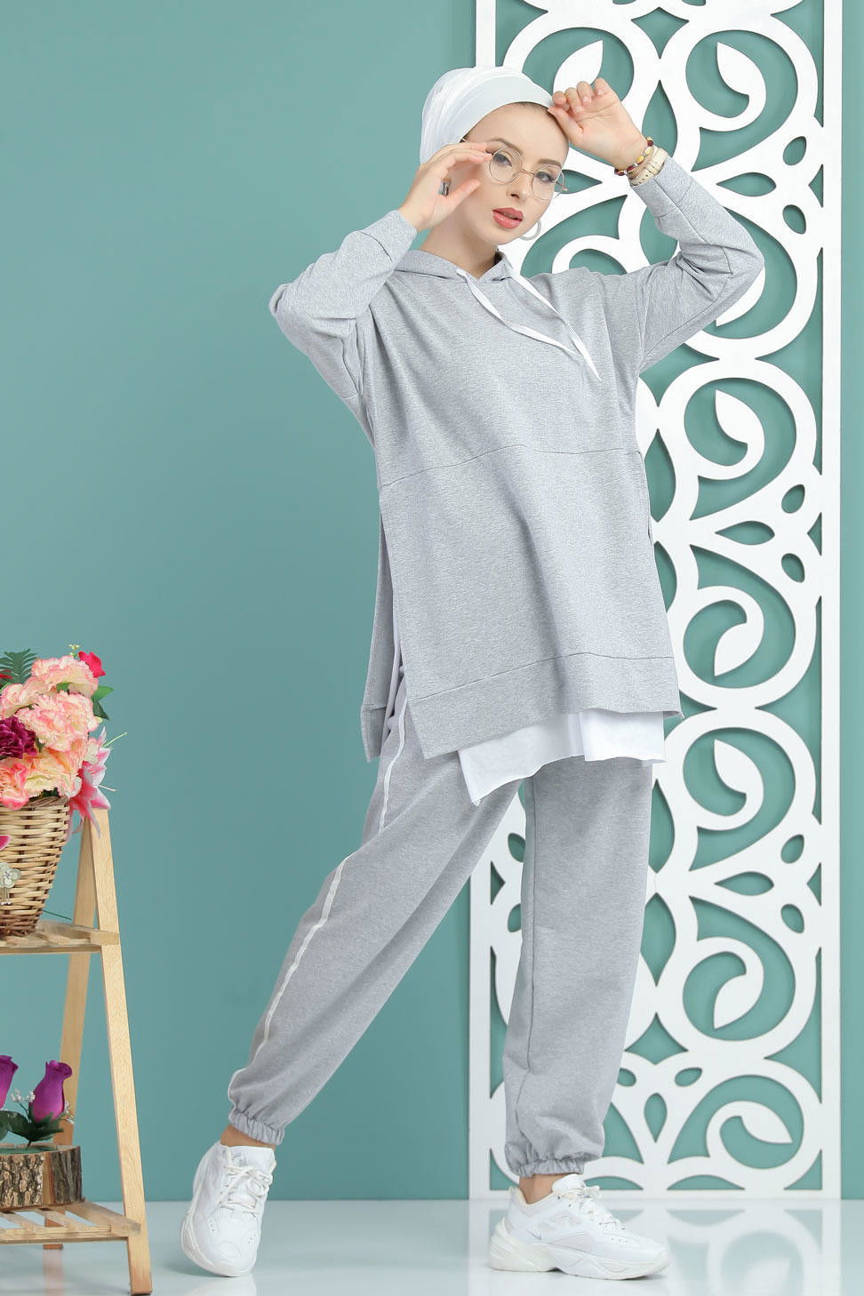Kapşonlu Tunik Panolon Siyah  Gri - 7650 GRİ