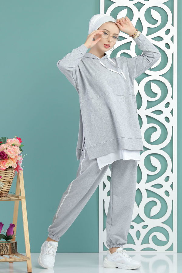 Kapşonlu Tunik Panolon Siyah  Gri - 7650 GRİ