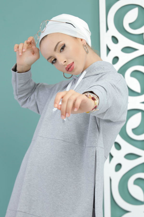 Kapşonlu Tunik Panolon Siyah  Gri - 7650 GRİ