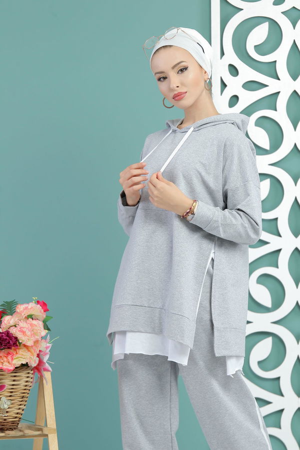 Kapşonlu Tunik Panolon Siyah  Gri - 7650 GRİ
