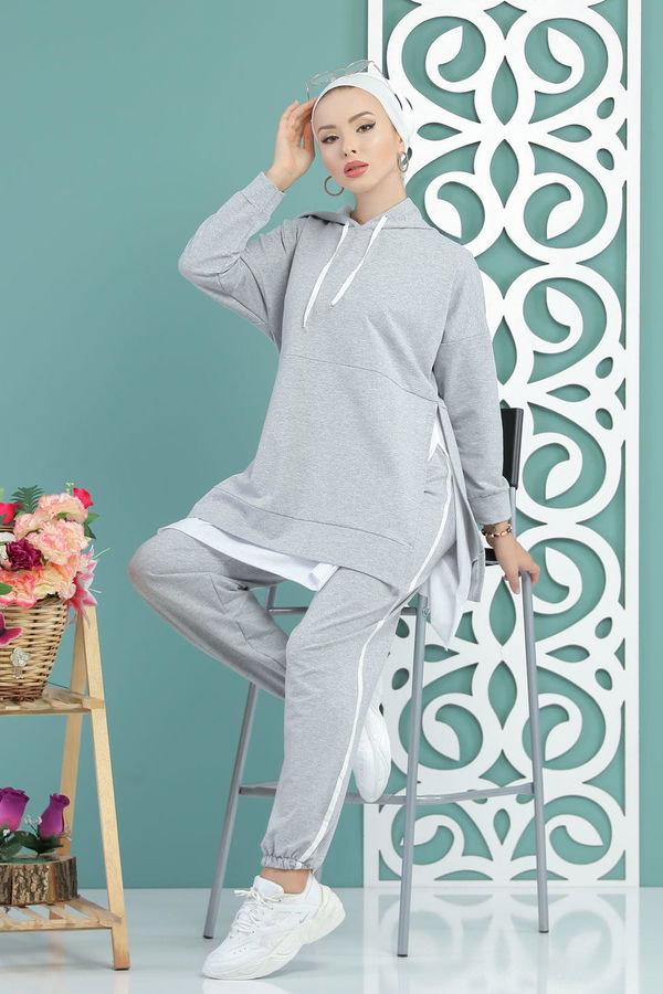 Kapşonlu Tunik Panolon Siyah  Gri - 7650 GRİ
