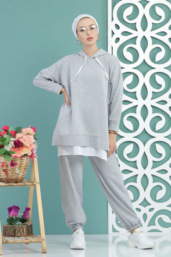 Kapşonlu Tunik Panolon Siyah  Gri - 7650 GRİ