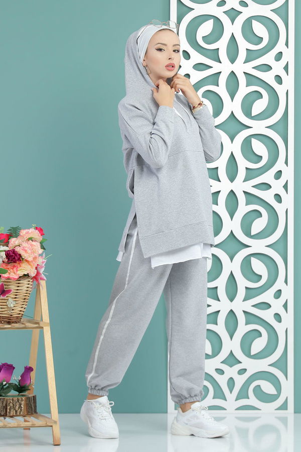Kapşonlu Tunik Panolon Siyah  Gri - 7650 GRİ