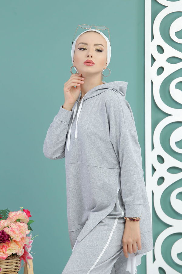 Kapşonlu Tunik Panolon Siyah  Gri - 7650 GRİ