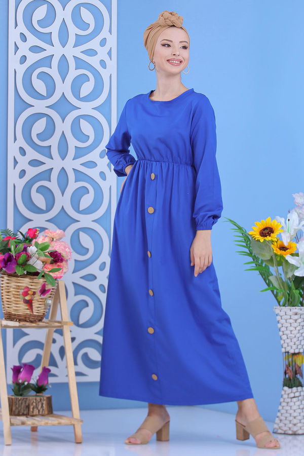 Dügme Detay Elbise Siyah Mavi - 7160