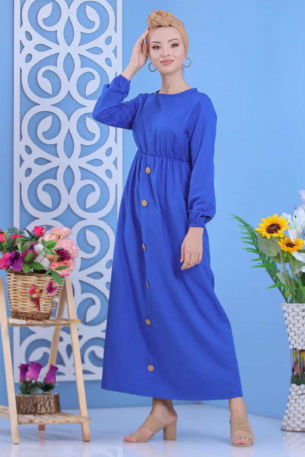 Dügme Detay Elbise Siyah Mavi - 7160