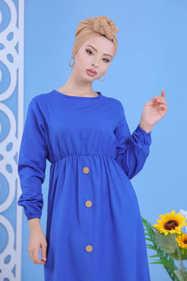 Dügme Detay Elbise Siyah Mavi - 7160