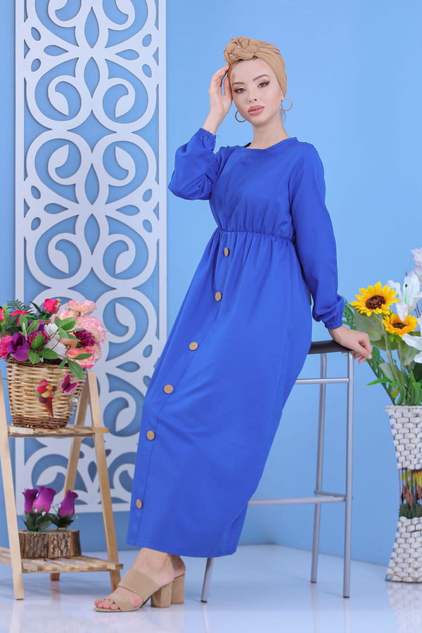 Dügme Detay Elbise Siyah Mavi - 7160