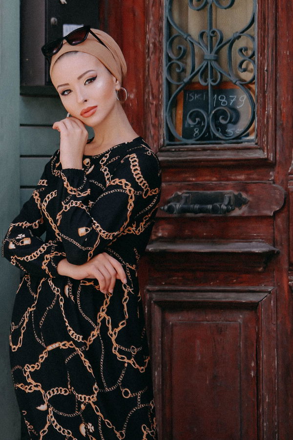 Zincir Desenli Elbise Siyah - 02 7660 Siyah - 7660