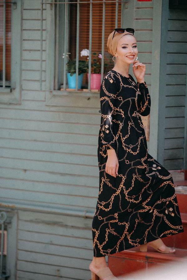 Zincir Desenli Elbise Siyah - 02 7660 Siyah - 7660