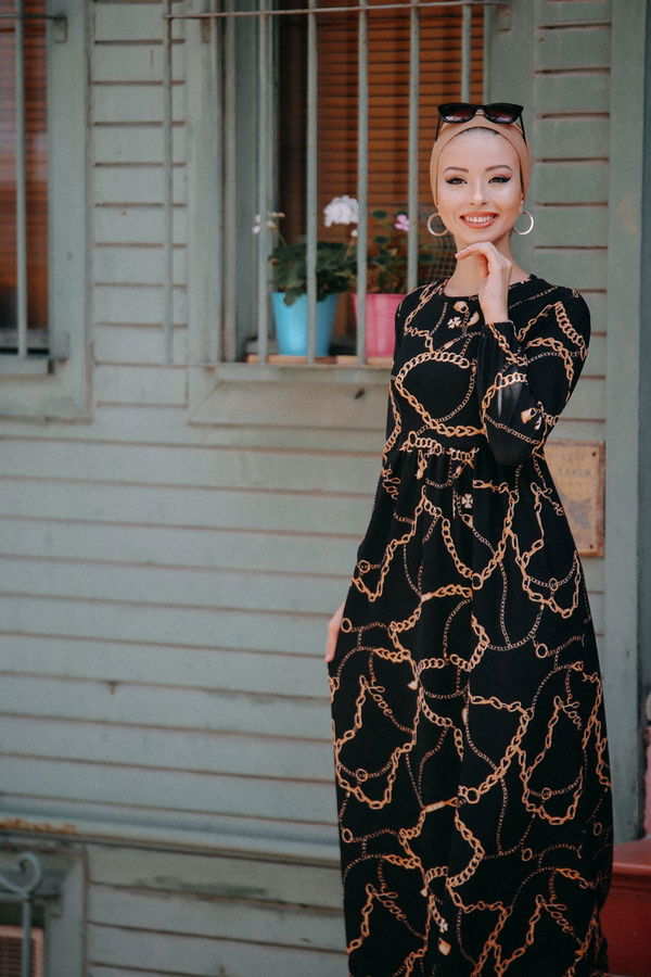 Zincir Desenli Elbise Siyah - 02 7660 Siyah - 7660