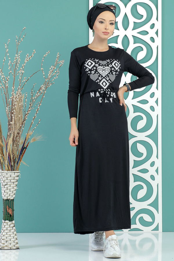 Baskılı Elbise Siyah Siyah - 5124