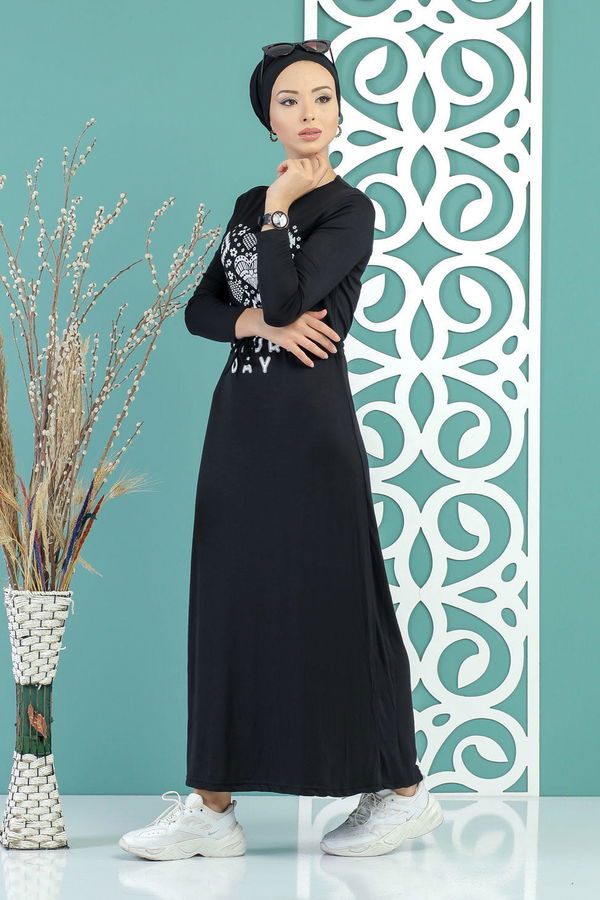 Baskılı Elbise Siyah Siyah - 5124