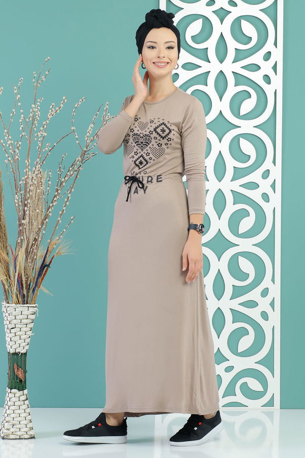 Baskılı Elbise Siyah Vizon - 5124 VİZON