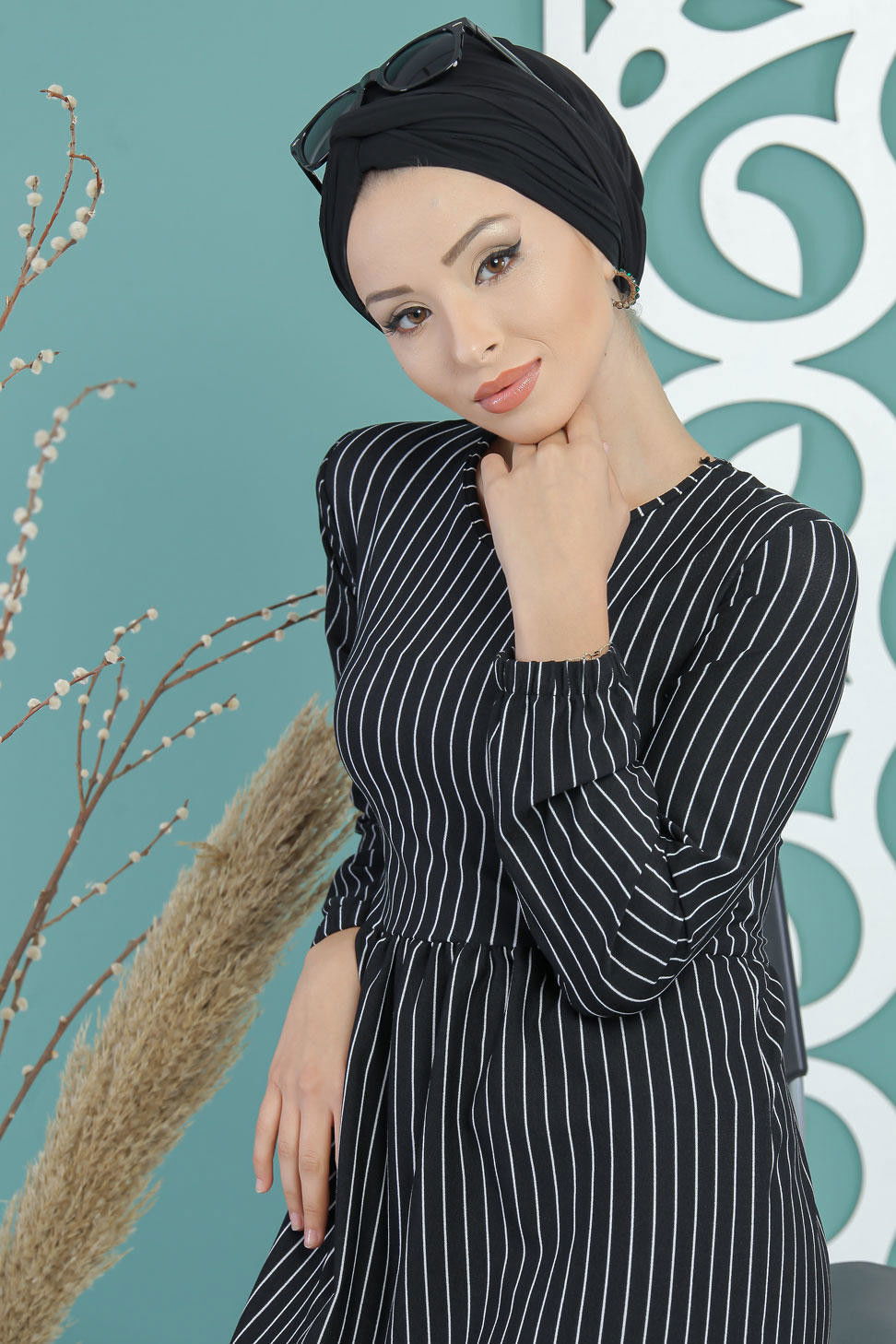 Çizgili Elbise Siyah - 02 7675 Siyah - 7675