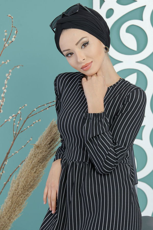 Çizgili Elbise Siyah - 02 7675 Siyah - 7675