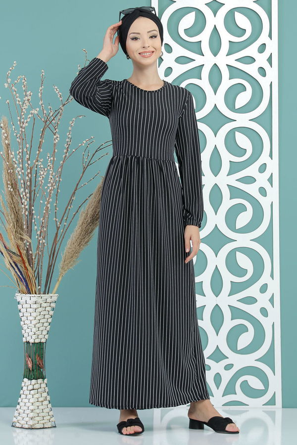 Çizgili Elbise Siyah - 02 7675 Siyah - 7675