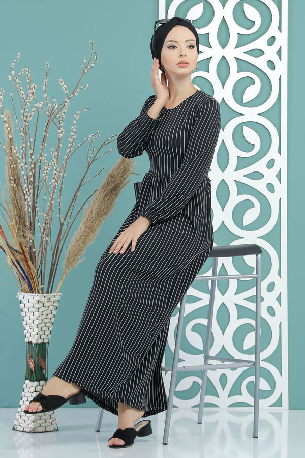Çizgili Elbise Siyah - 02 7675 Siyah - 7675