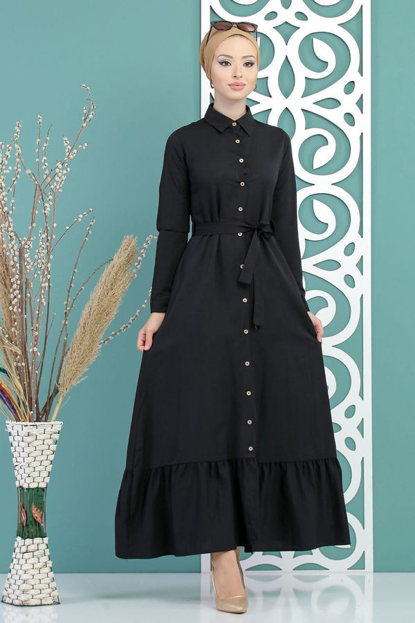 Kuşaklı Elbise Siyah - 02 7698 Siyah - 7698 SİYAH