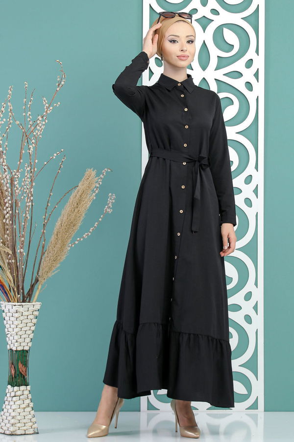 Kuşaklı Elbise Siyah - 02 7698 Siyah - 7698 SİYAH