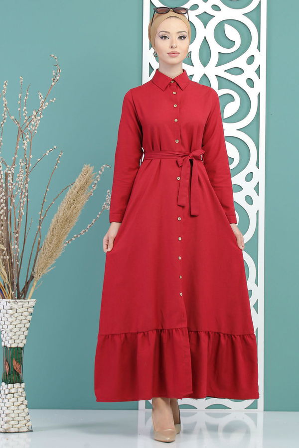 Kuşaklı Elbise Bordo - 02 7698 Bordo - 7698