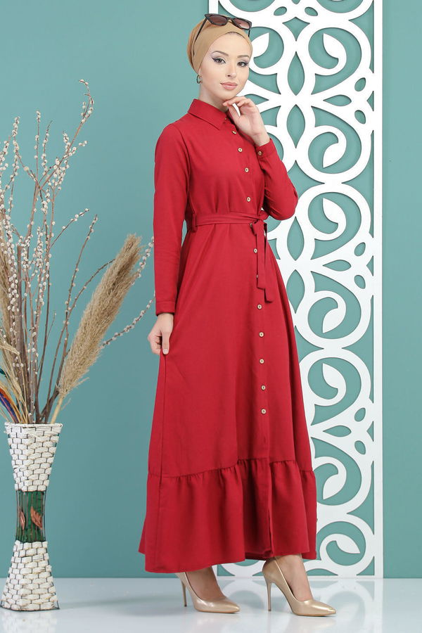Kuşaklı Elbise Bordo - 02 7698 Bordo - 7698