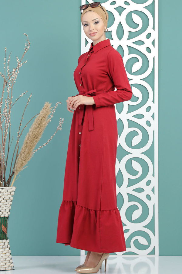 Kuşaklı Elbise Bordo - 02 7698 Bordo - 7698