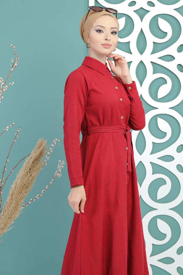 Kuşaklı Elbise Bordo - 02 7698 Bordo - 7698