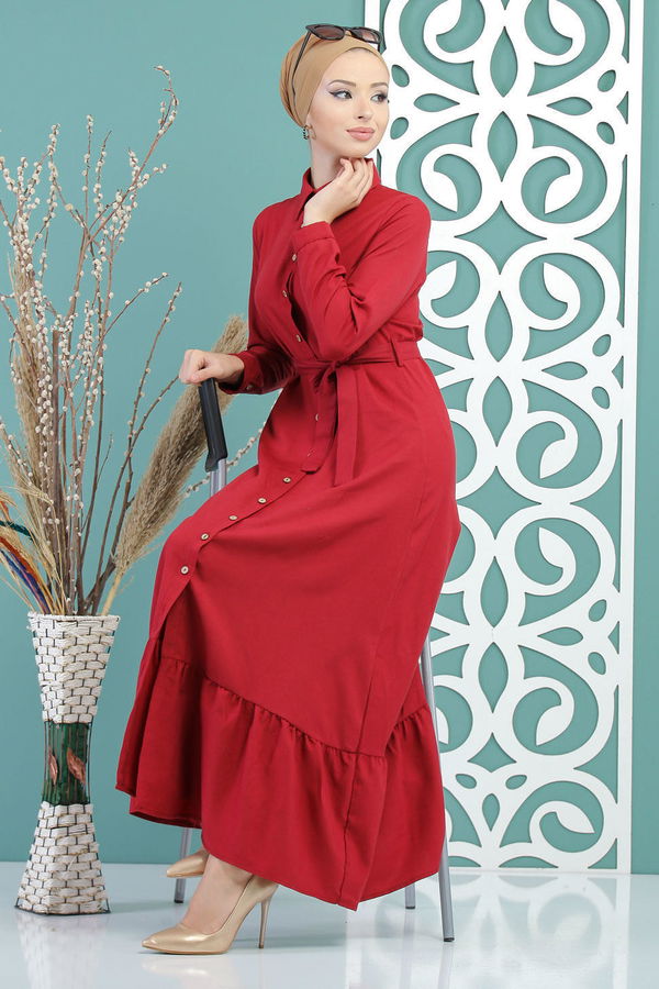 Kuşaklı Elbise Bordo - 02 7698 Bordo - 7698