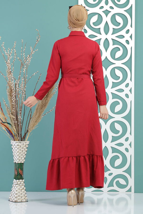 Kuşaklı Elbise Bordo - 02 7698 Bordo - 7698