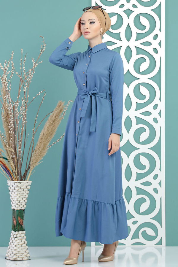 Kuşaklı Elbise İndigo - 02 7698 Mavi - 7698 MAVİ
